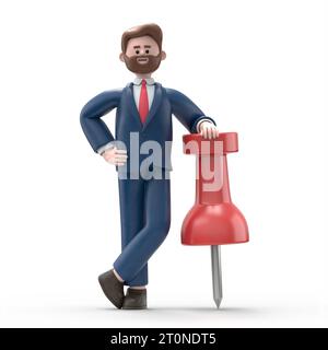 3D-Illustration eines amerikanischen Geschäftsmannes Bob Figur mit Nadel.3D-Rendering auf weißem Hintergrund. Stockfoto