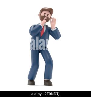 3D-Illustration des amerikanischen Geschäftsmannes Bob in lauschender Haltung. 3D-Bild.3D-Rendering auf weißem Hintergrund. Stockfoto