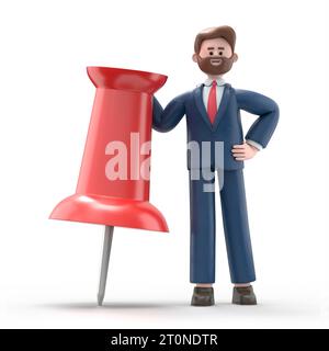 3D-Illustration des amerikanischen Geschäftsmannes Bob, der sich auf einen riesigen roten Pin stützt.3D-Rendering auf weißem Hintergrund. Stockfoto