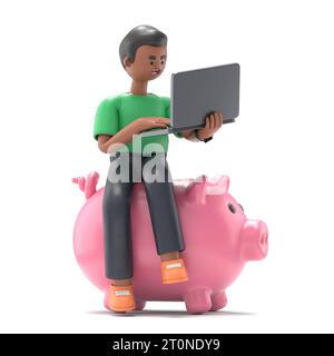 3D-Illustration von Afro-Mann David sitzt mit Laptop-Notebook auf Piggy Bank Funds isoliert auf weißem Hintergrund 3D-Illustration. 3D Personensammlung. Stockfoto