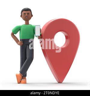 3D-Illustration von Afro-Mann David mit Smartphone stehend in der Nähe von Geopoint-Zeichen Mobile Navigation Konzept isoliert auf weißem Hintergrund. 3D People College Stockfoto