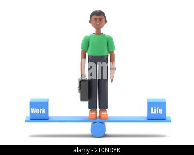 3D-Illustration eines afro-Mannes David steht in der Mitte einer Wippe mit Arbeits- und Rettungskästen an den Seiten.3D-Rendering auf weißem Hintergrund. Stockfoto