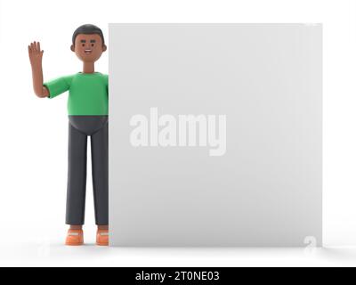 3D-Illustration des Afro-Mannes David mit der Hand nach oben, steht hinter dem leeren Poster, isoliert auf weißem Hintergrund. Modernes minimales Zeichentrickfiguren-Konzept Stockfoto