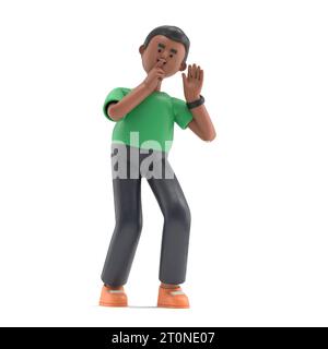 3D-Illustration eines Afro-Mannes David in einer lauschenden Haltung. 3D-Bild.3D-Rendering auf weißem Hintergrund. Stockfoto