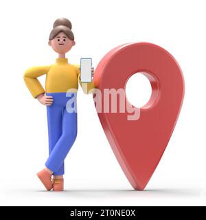 3D-Illustration der asiatischen Frau Angela mit Smartphone, das in der Nähe des Geopoint-Zeichens steht Mobile Navigation Konzept isoliert auf weißem Hintergrund. 3D-Mitarbeiter Co Stockfoto