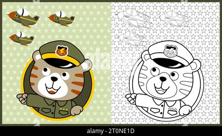 Vektor-Cartoon des lustigen Katzensoldaten mit Jet-Flugzeug auf Sternen Hintergrundmuster, Malbuch oder Seite Stock Vektor