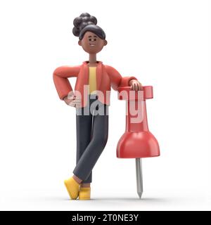 3D-Illustration der afrikanischen Frau Coco Figur mit Nadel.3D-Rendering auf weißem Hintergrund. Stockfoto