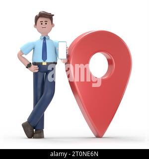 3D-Illustration des asiatischen Mannes Felix mit Smartphone stehend in der Nähe des Geopunktzeichens Mobile Navigation Konzept isoliert auf weißem Hintergrund. 3D People colle Stockfoto