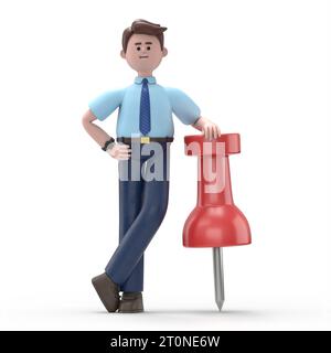 3D-Illustration der Figur des asiatischen Mannes Felix mit Nadel.3D-Rendering auf weißem Hintergrund. Stockfoto