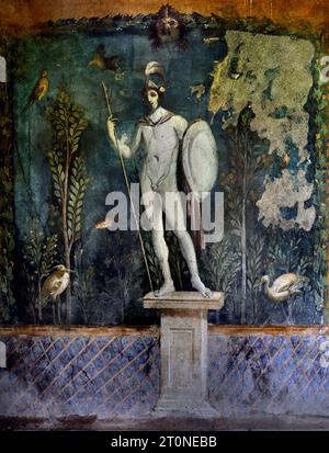 Marsstatue im Garten des Hauses Venus in der Shell Casa della Venere in Conchiglia, Fresco Pompeji Römische Stadt befindet sich in der Nähe von Neapel in der Region Kampanien. Pompeji wurde bei der Eruption des Vesuvs 79 n. Chr. unter 4-6 m vulkanischer Asche und Bimsstein begraben. Italien Stockfoto