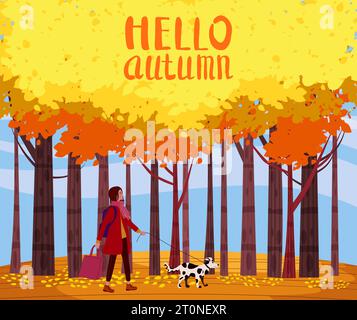 Hallo Herbstlandschaft, Frau im Herbstmantel geht mit dem Hund Stock Vektor