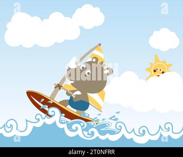 Niedliches Nashorn spielen Windsurf am Strand, lächelnde Sonne hinter Wolken, Vektor-Zeichentrickillustration Stock Vektor
