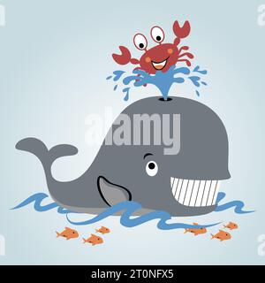 Lustiger Wal und Krabbe mit Fischen im Meer, Vektor-Karikaturillustration Stock Vektor