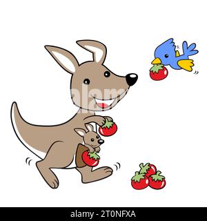 Lustiges Känguru und Vogel, der Früchte trägt, Vektor-Karikaturillustration Stock Vektor