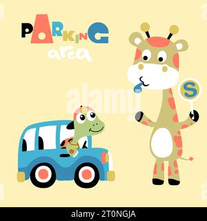 Niedliche Giraffe, die Straßenschild mit Schildkröte auf Auto hält, Vektor-Karikaturillustration Stock Vektor