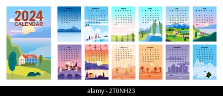 Wandkalender 2024 Set aus 12 natürlichen Hintergründen für vier Jahreszeiten Stock Vektor