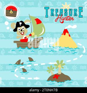 Lustiges Kaninchen auf Segelboot mit Piratensegelelementen, Vektor-Karikaturillustration Stock Vektor