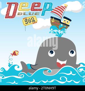 Netter Wal und kleiner Fisch, der mit lustigem Segelboot spielt, Vektor-Zeichentrickillustration Stock Vektor