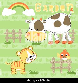 Nettes Kätzchen mit Kuh und Vogel im Garten auf gestreiftem Blätter Hintergrund, Vektor-Karikaturillustration Stock Vektor