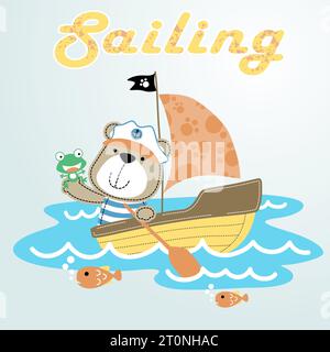 Netter Bär mit Frosch auf Segelboot mit Fischen, Vektor-Karikaturillustration Stock Vektor