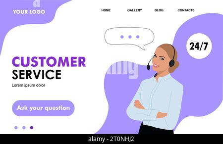 Vorlage für die Landing-Page des Vektors für den Kundensupport. Stock Vektor