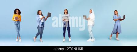 Gruppe multirassischer junger Frauen studiert ferngesteuert mit Laptops Stockfoto