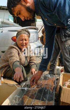 OSH, Kirgisistan - 8. Oktober 2023: Eine Frau, die Hühner auf dem Jayma-Basar in Osh, Kirgisistan verkauft. Stockfoto