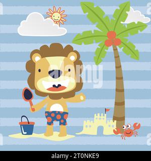 Niedlicher Löwe am Strand mit Krabbe im Sommerurlaub, Vektor-Zeichentrickillustration Stock Vektor