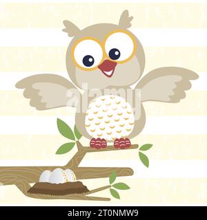 Glückliche Eule mit ihren Eiern auf Baumzweigen, Vektor-Zeichentrickillustration Stock Vektor