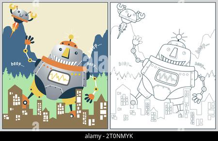 Lustige Roboter greifen Stadt, Vektor-Zeichentrickillustration, Malbuch oder Seite an Stock Vektor