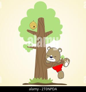 Kleiner Bär versucht, auf einen Baum zu klettern, Bienenstock auf Baum, Vektor-Zeichentrick-Illustration Stock Vektor