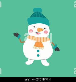 Niedlicher Schneemann auf grünem Hintergrund - weihnachtskarte Stock Vektor