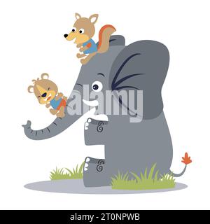 Lustiger Bär mit Fuchs, der auf dem Elefantenstamm rutscht. Vektor-Zeichentrick-Illustration Stock Vektor