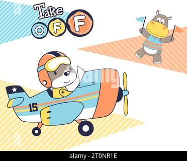 Lustiger Bär im Flugzeug mit Nilpferd, der Fahnen hält, Vektor-Karikaturabbildung Stock Vektor