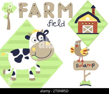 Lustige Kuh mit Huhn und Scheune, Bauernelement, Vektor-Karikaturillustration Stock Vektor