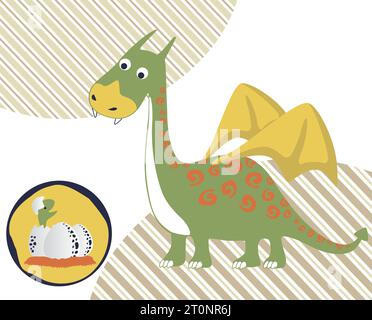 Lustiger Drache mit seinen geschlüpften Eiern, Vektor-Karikaturillustration Stock Vektor
