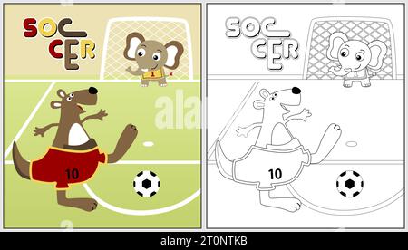 Lustiges Känguru mit Elefant, der Fußball spielt, Vektor-Zeichentrickillustration, Malbuch oder Seite Stock Vektor