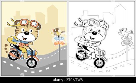 Karikaturvektor des lustigen Katzenreitens Motorrad mit einem kleinen Vogel auf Straßenschild, Malbuch oder Seite Stock Vektor