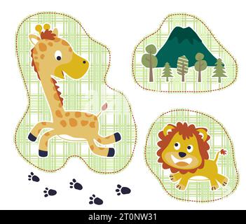 Vektor-Cartoon von lustigen Giraffen mit Löwen, Bergen und Bäumen Stock Vektor
