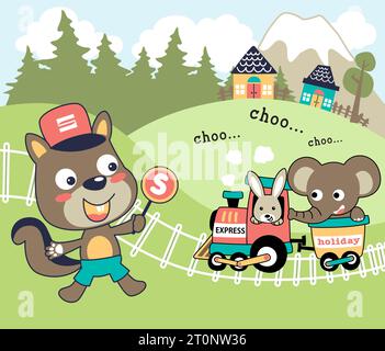 Lustiger Häschen und Elefant auf Dampfeisenbahn, Eichhörnchen die Türsteherstange, Vektor-Zeichentrickfilm-Illustration Stock Vektor