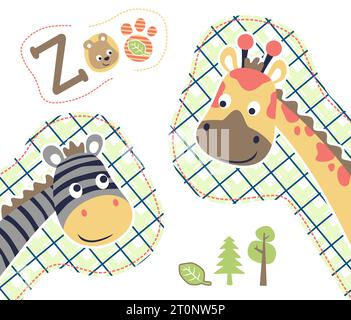 Cartoon Vektor der lustigen Giraffe mit Zebra, süßes Bär Lächeln Gesicht mit Bäumen Stock Vektor