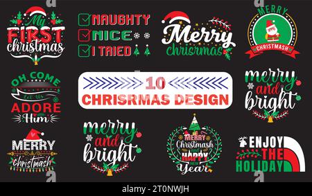 10 Weihnachts-T-Shirt-Design-Paket Stock Vektor