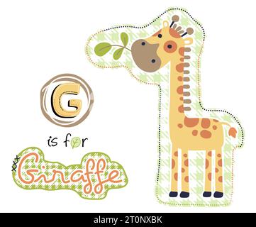 Lustige Giraffe mit Blatt im Mund, Vektor-Karikaturillustration Stock Vektor