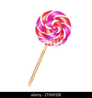 Spiralförmige Lutscher, kreisförmige Süßigkeiten. Bonbons mit gestreiften Strudeln, Zuckerkaramell am Stock. Aquarellabbildung. Köstliches Ornament für Schreibwaren Stockfoto