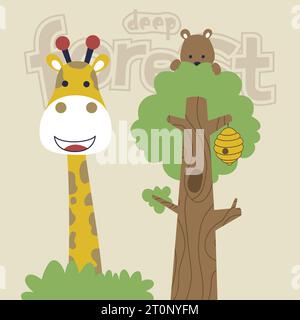 Lustige Giraffe mit Bär auf Baum, Vektor-Karikaturillustration Stock Vektor