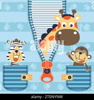 Lustige Giraffe aus dem Reißverschluss, Zebra mit Affen in der Tasche. Vektor-Zeichentrick-Illustration Stock Vektor