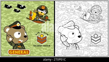 Vektor-Cartoon des lustigen Bären mit Kampfjet auf Tarnhintergrund, Malbuch oder Seite Stock Vektor