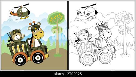Vektor-Cartoon der lustigen Giraffe mit Bär auf LKW, Hubschrauber fliegt durch Wald, Malbuch oder Seite Stock Vektor