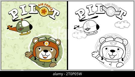 Vektor-Cartoon des lustigen Bären im Pilotenkostüm mit Hubschrauber, Malbuch oder Seite Stock Vektor