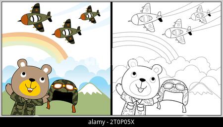 Vektor-Cartoon des Kampfjets mit lustigen Bärensoldaten auf Regenbogenhintergrund, Malbuch oder Seite Stock Vektor